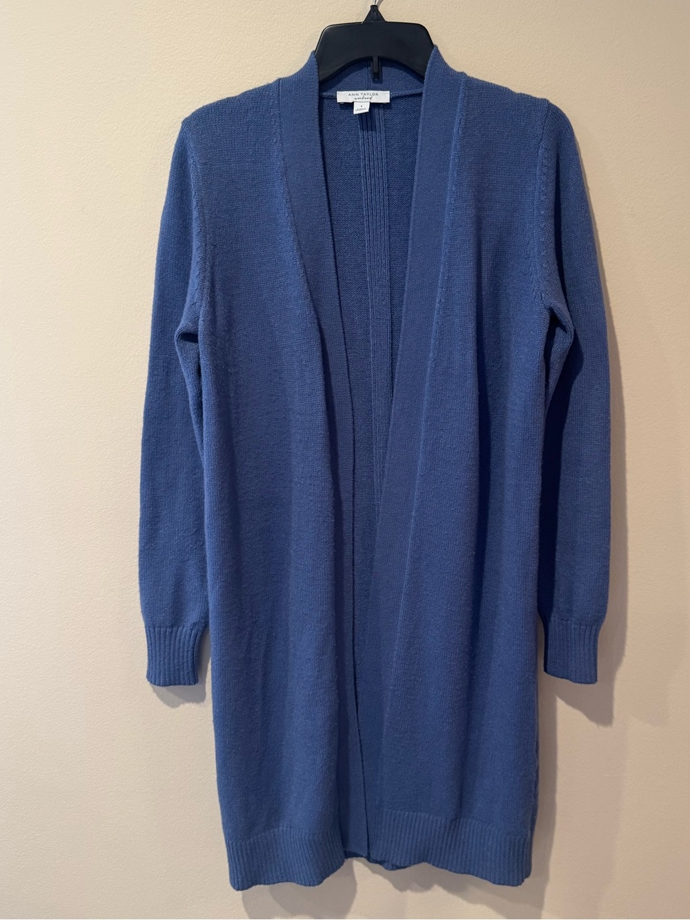 Ann Taylor Long Open-Front Periwinkle Blue Cardigan Sweater